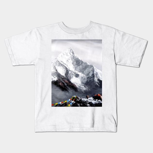 Panoramic View Of Everest Mountain Kids T-Shirt by whimsyart